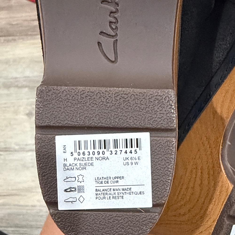 Clarks Black Suede Buckle Clog Mule with Tan Wood-Tone Platform - Picture 4 of 4